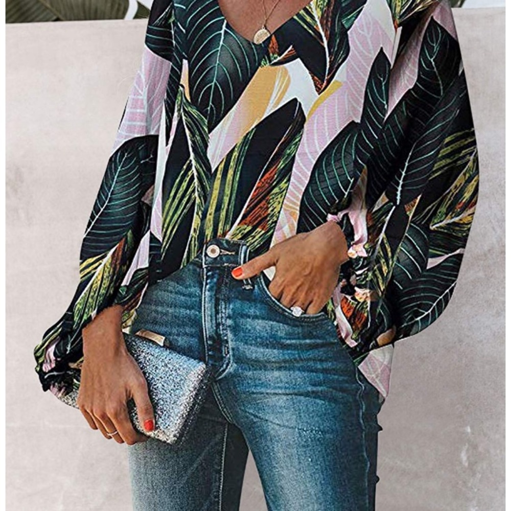New Floral Print V Neck Lantern Sleeve Boho Blouse - Picture 4 of 5